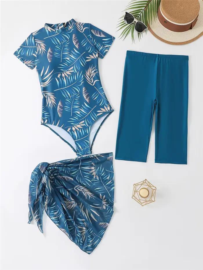 Maillot de bain trois pièces imprimé pour femme avec short et jupe de plage, tenue de bain pour pisc