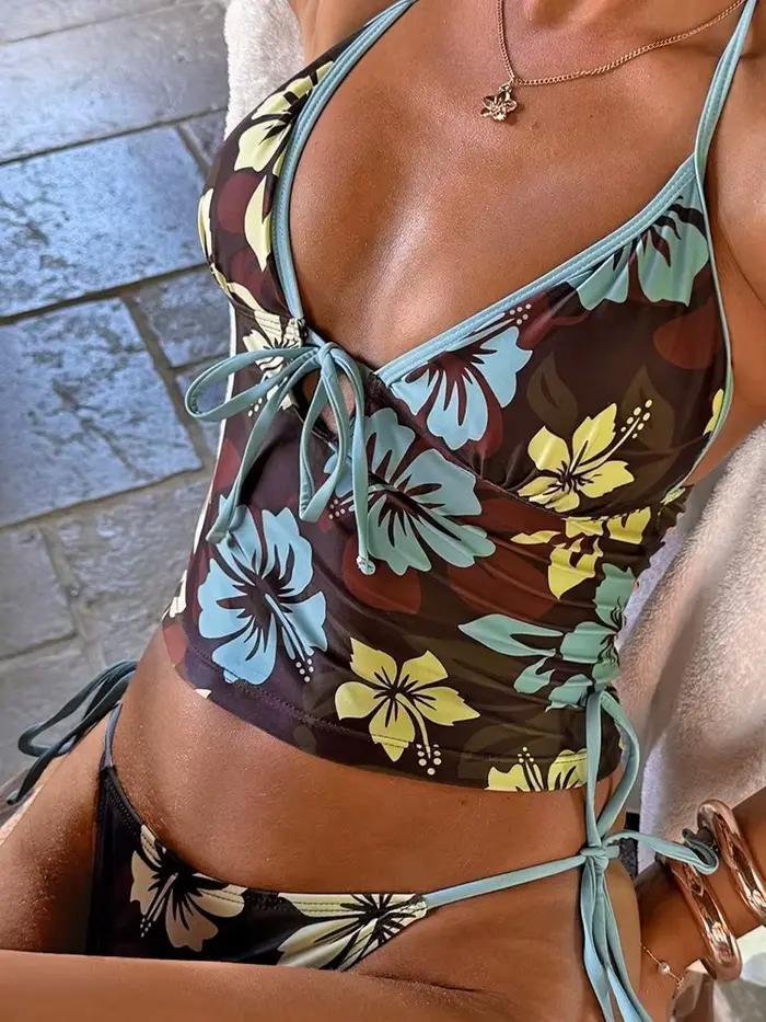 Nouvel Été Hawaïen Hibiscus Fleur Suspendus Cou Split Maillot de Bain Sexy Triangle Sangle Bikini De