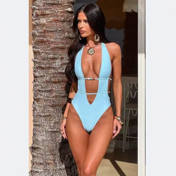 Maillot de bain une pièce sexy dos nu couleur unie, sans bretelles, col en V, en tissu polyamide pou