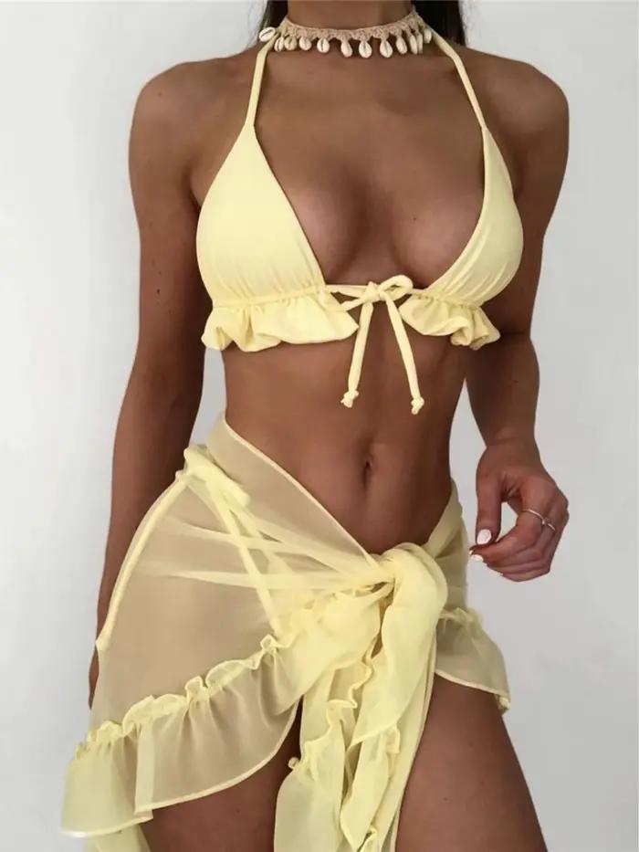 Nouveau maillot de bain trois pièces pour femme avec sarong, bikini à volants et haut halter, ensemb