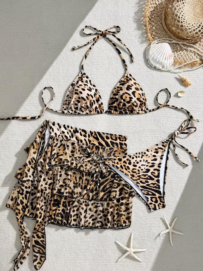 Maillot de bain sexy imprimé léopard pour femmes, bikini à lacets, trois pièces, jupe de plage, vête