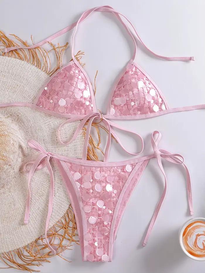Ensemble bikini sexy rose à sequins 2026 pour femme, maillot de bain triangle push-up avec liens en 
