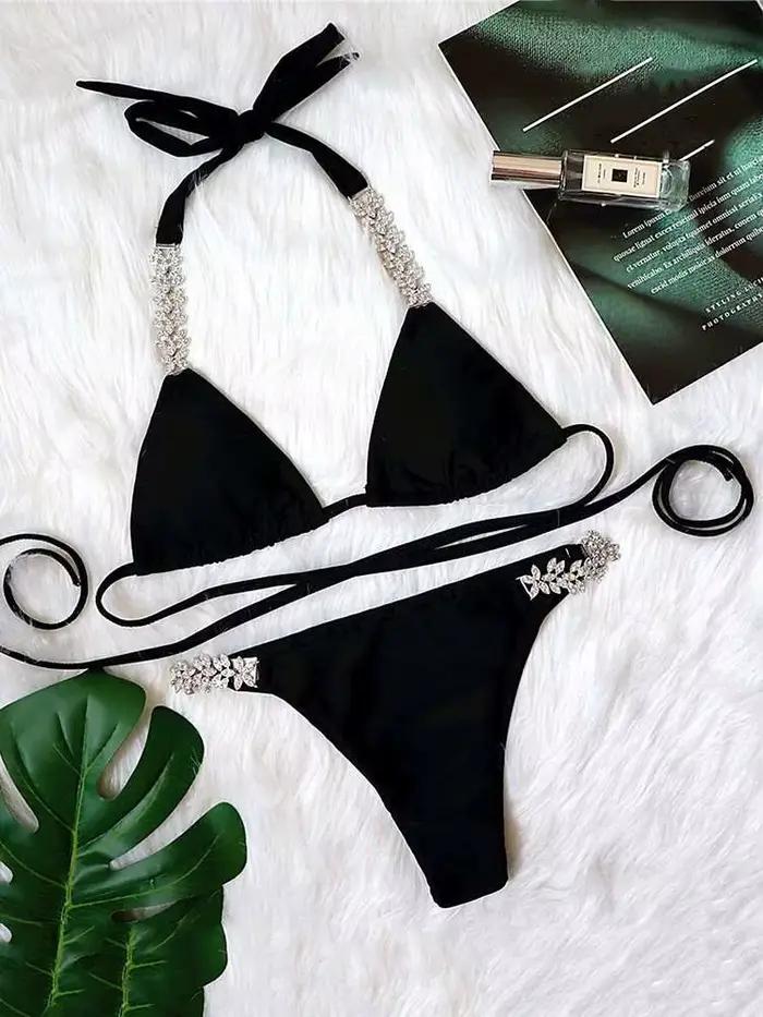 DEAT Maillot de bain sexy à lacets pour femme, couleur unie, design croisé évidé, ensemble bikini de