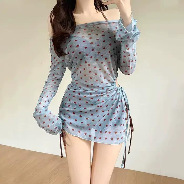 Maillot de bain trois pièces à manches longues pour femme, motif pois, avec armatures, sexy, coupe a