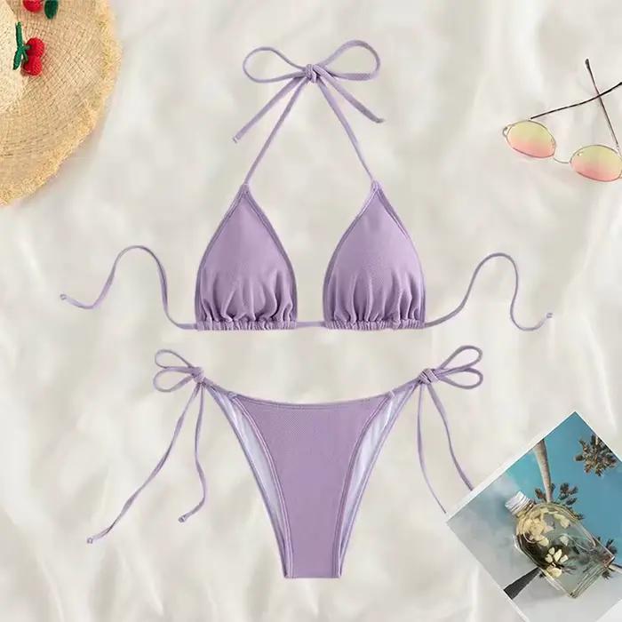 2026 Ensemble de bikini sexy pour femme, deux pièces, à nouer, taille basse, avec haut licou et bas 