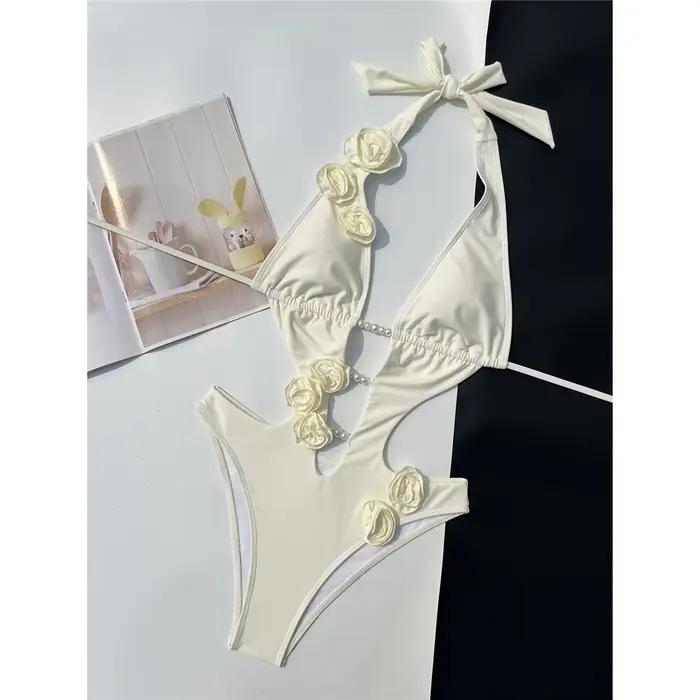 Maillot de bain rose rouge, maillot de bain 3D à fleurs, décolleté plongeant, maillot de bain une pi