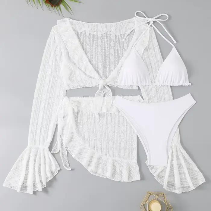 2025 Sexy quatre pièces femmes maillot de bain à manches longues couvrir maillots de bain été solide