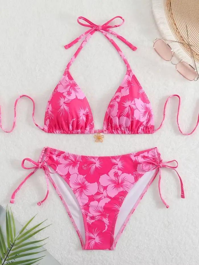Maillot de bain bikini femme 2026, nouveau modèle rose imprimé, ensemble bikini sexy à lacets, maill