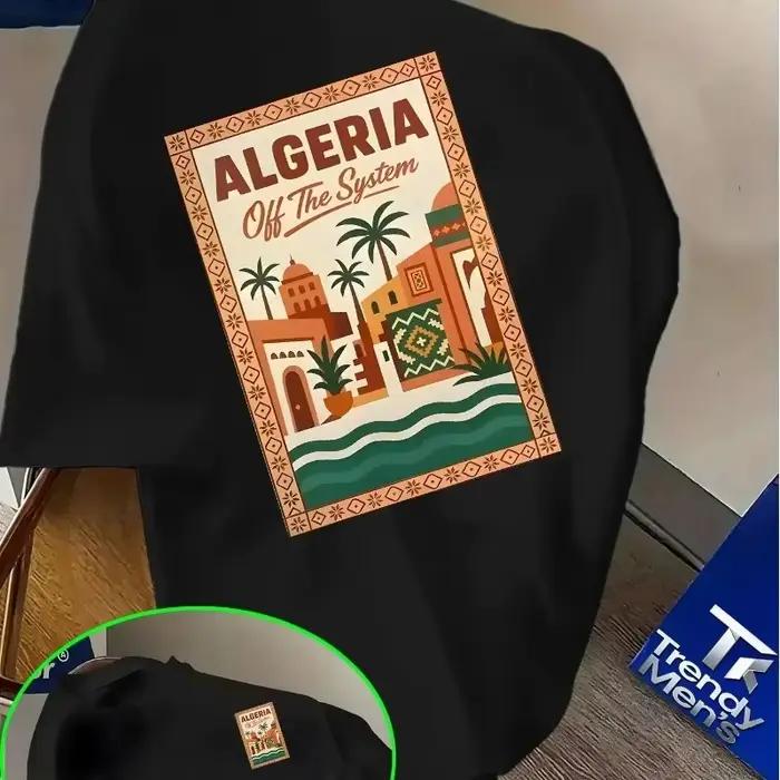 T-shirt pour homme à motif algérien rose - Texte audacieux « Algérie » et design paysage urbain dése