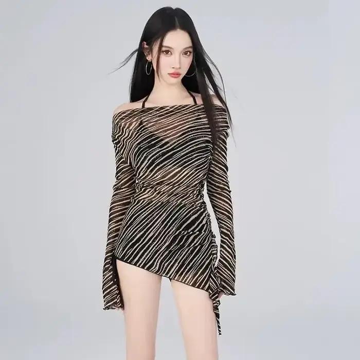 Ensemble de maillot de bain rayé 3 pièces pour femmes, épaules dénudées, couverture transparente, co