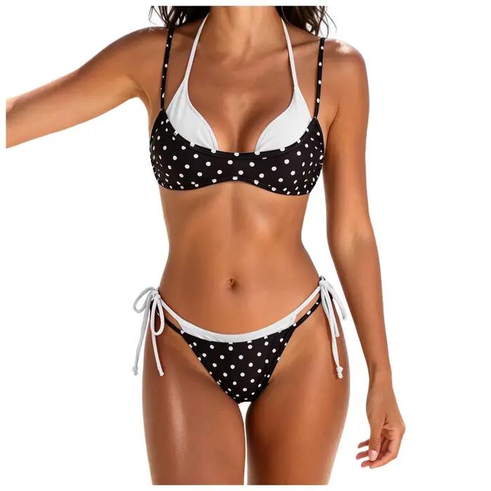 Maillot de bain deux pièces effet patchwork, color block, avec lacets latéraux, sexy, pour femme, en