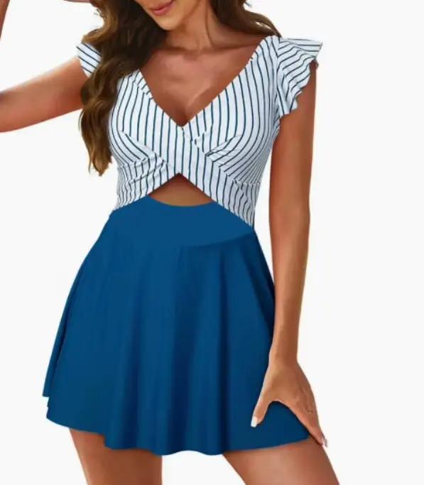 Maillot de bain une pièce pour femme, à volants, coupe croisée, couleur unie, décolleté en V, taille
