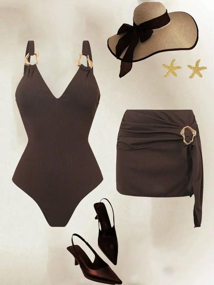 Nouvel ensemble de maillot de bain 2 pièces côtelé marron 2026 - Monokini col en V avec détail annea