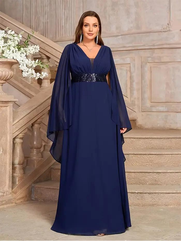 Robe de soirée longue en mousseline de soie bleu foncé grande taille 4XL 5XL avec col en V et manche