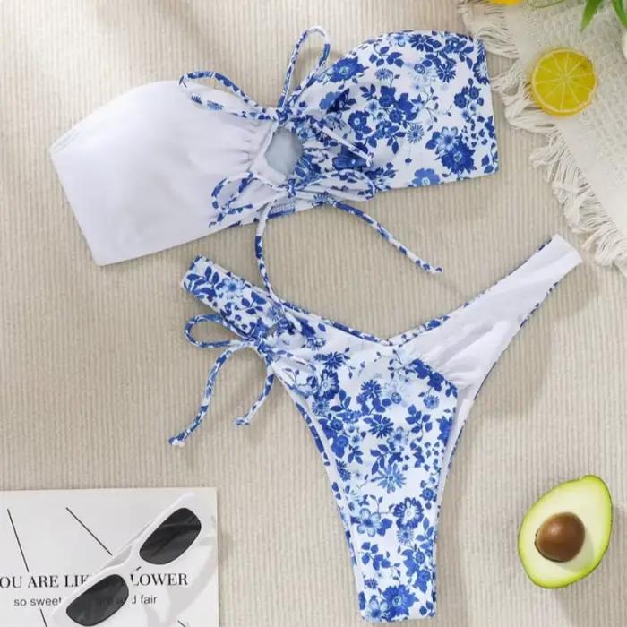 Maillot de bain deux pièces imprimé floral pour femmes, bikini sexy, culotte tanga, ensemble, baigne