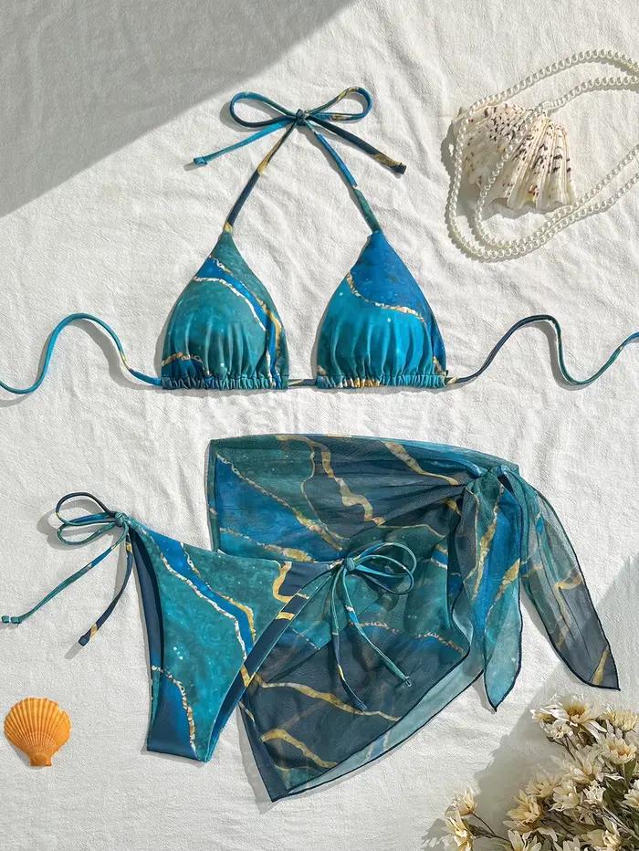 Ensemble de maillot de bain bikini pour femme, maillot de bain trois pièces bleu marbré, haut triang