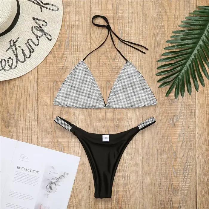 Bikini 2026 Sexy avec Strass Diamantés, Maillot de Bain Uni pour Femme, Ensemble Bikini Triangle Hal