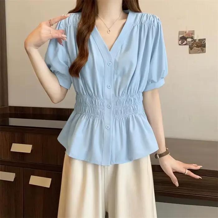 Chemisier et Blouse Grande Taille Col V Manches Courtes Élégant Uni Taille Élastique Vêtements de Bu