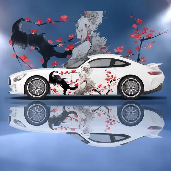 Autocollant latéral de voiture en vinyle, décoration florale de Geisha japonaise, papier auto-adhési