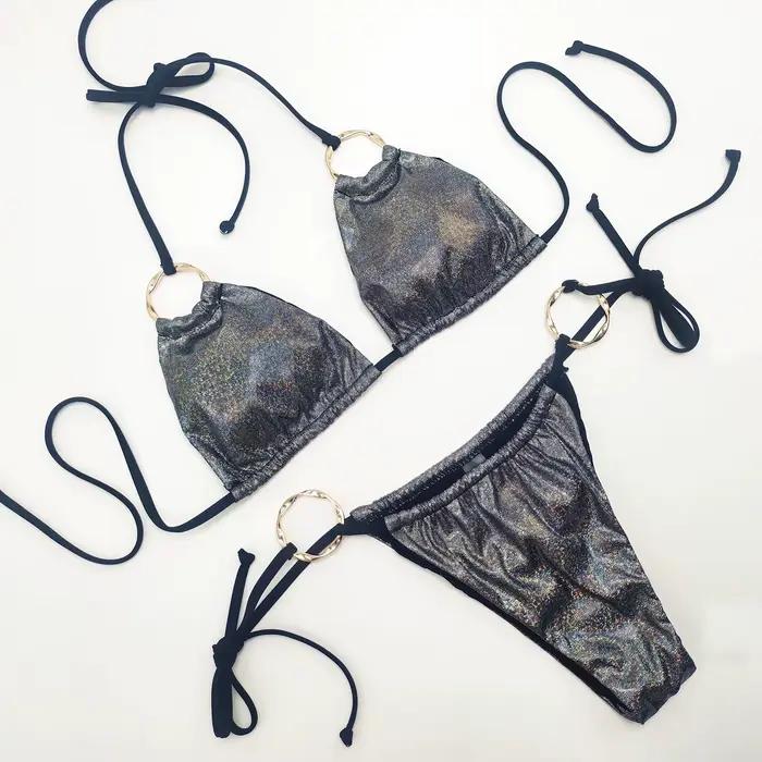 Brillant scintillant licou à bretelles Bikinis femme maillot de bain femmes Laser irisé anneau maill