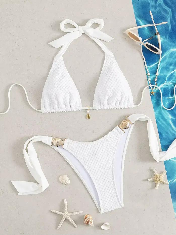 Sexy blanc Bikini 2026 Mujer femmes coquille en métal pansement string maillot de bain été Push Up s