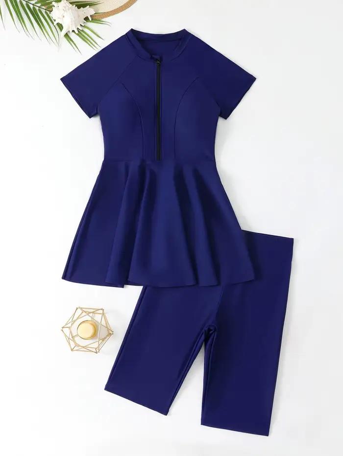 Maillot de bain deux pièces pour femme style conservateur, avec fermeture éclair et manches courtes,