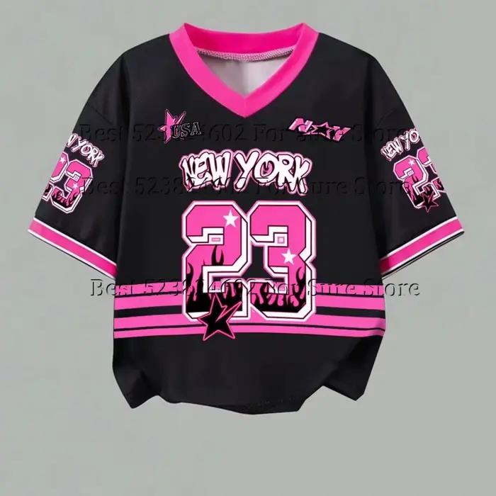 T-shirt court vintage rose et noir contrastant pour femme, motif New York 23, col en V, style Y2K Hi