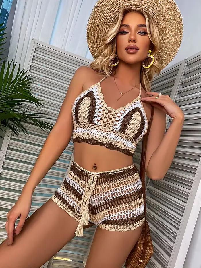 Ensembles de Bikini au Crochet multicolore arc-en-ciel rayé épaules dénudées haut + bas Bikini maill