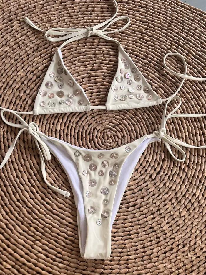 Bikini Sexy Diamanté Effet Bronzant 2026 pour Femme, Maillot de Bain de Luxe Blanc Push-Up à Bandes 