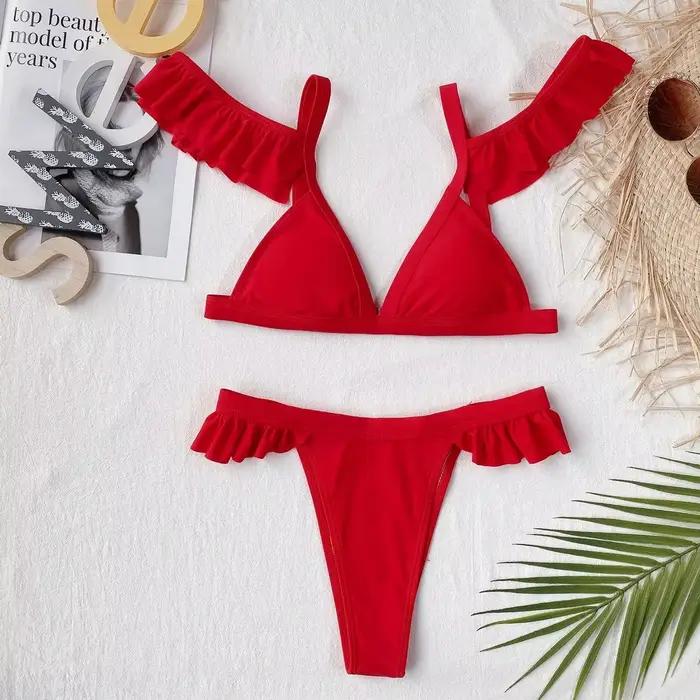 2026 Ensemble de bikinis sexy pour femme, maillot de bain rouge à volants, style triangle, tenue de 