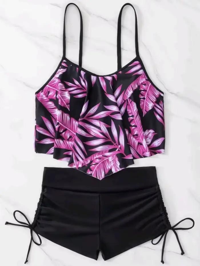 2026 Ensemble de bikini à volants et à bretelles, maillot de bain taille haute pour femme avec cordo