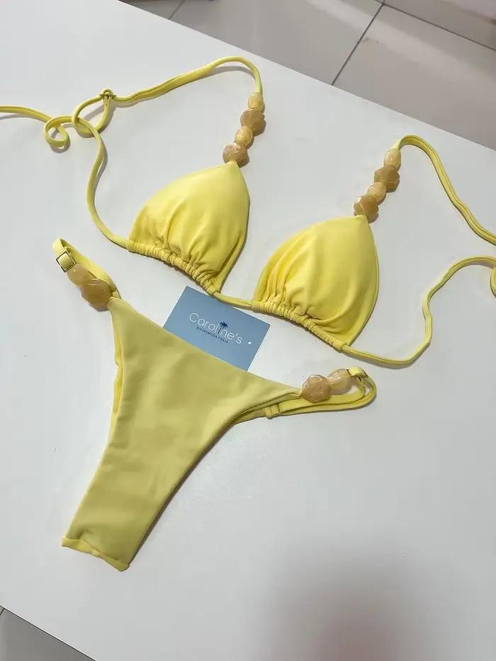 Boho Chic deux pièces ensemble de Bikini avec détails en pierre couleur unie taille haute maillot de