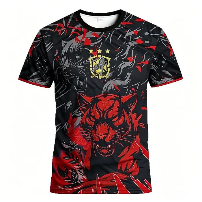 Maillot de sport pour homme, imprimé intégral dégradé griffe de panthère noire et rouge, manches cou