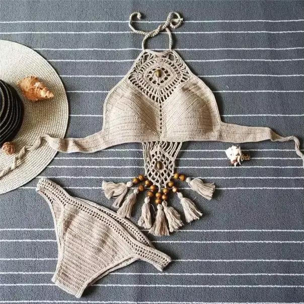 Maillot de bain crochet style bohème, bikini 2024 ogo, col haut, fait à la main, pour la plage