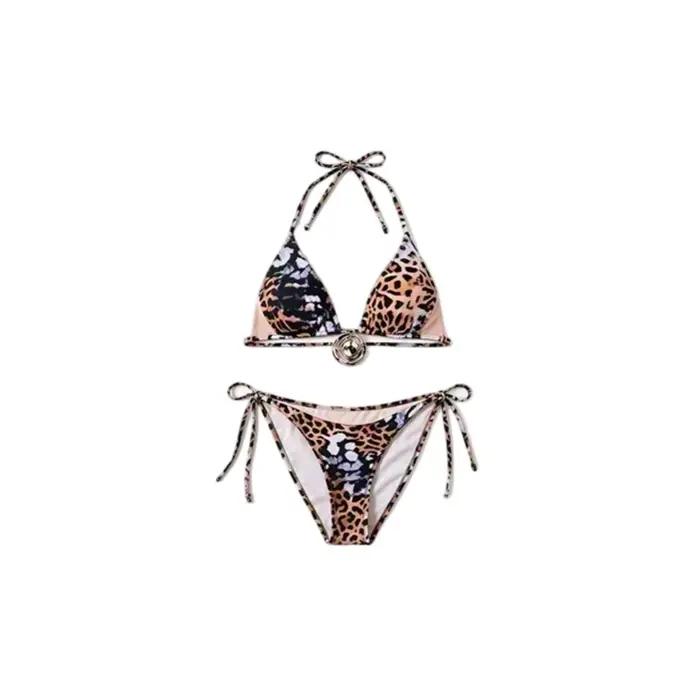 Ensemble bikini dos nu imprimé léopard YY509 avec détails dorés, maillot de bain deux pièces coupe h