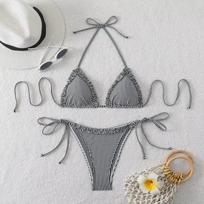 Nouvel ensemble de bikini sexy à col halter et liens latéraux, maillot de bain deux pièces avec bas 