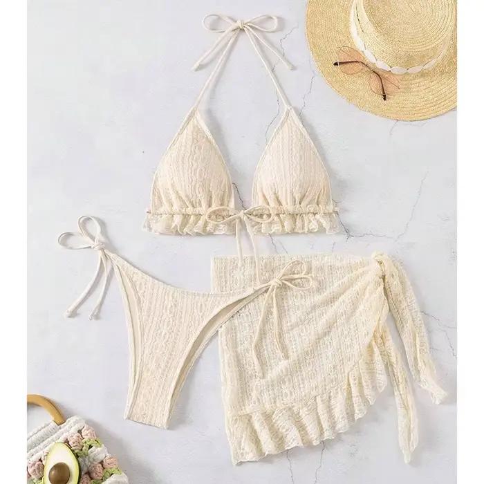 Sexy Bikini ensemble maillot de bain femmes Triangle épissé volants licou Bikini Push Up pansement c