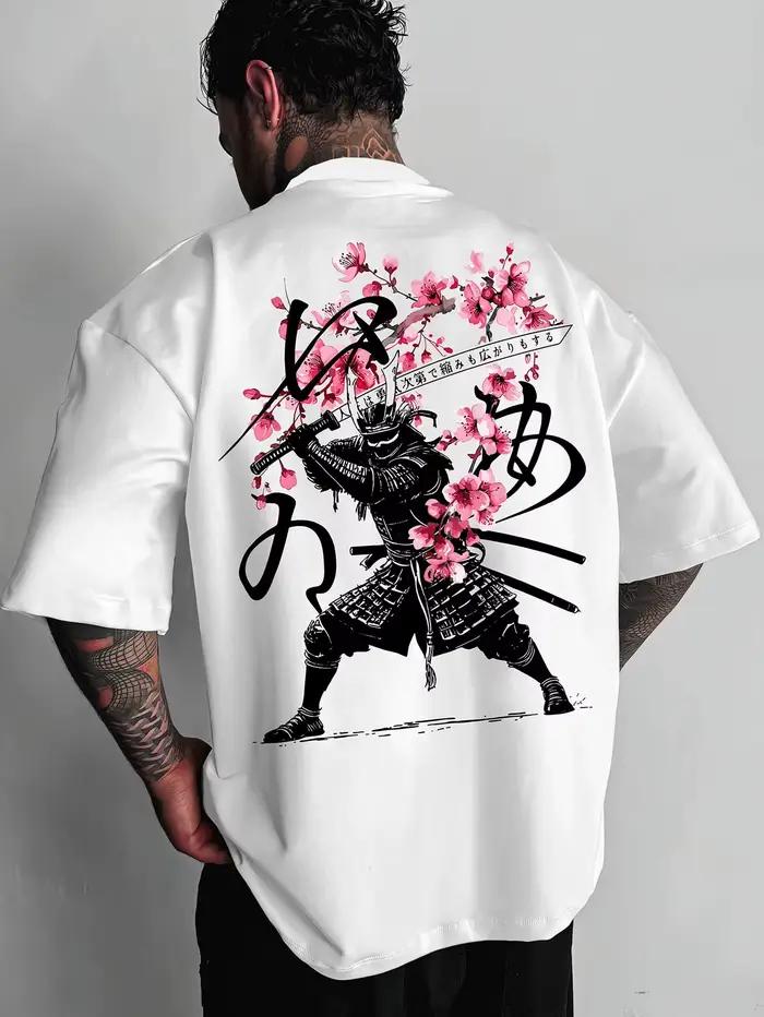 T-shirt imprimé couteau de samouraï japonais à fleurs de cerisier pour homme, décontracté, à manches