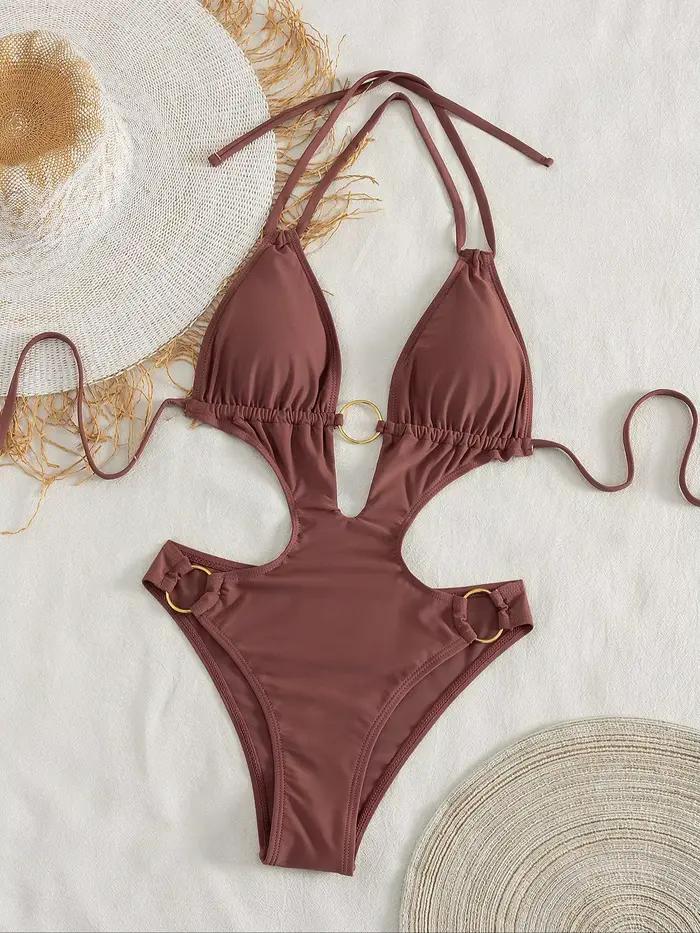 Maillot de bain une pièce halter marron chocolat pour femme, avec découpes, anneau métallique décora