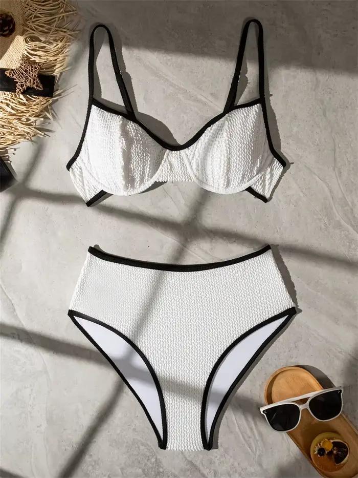 Sexy taille haute Bikini blanc maillot de bain bordure noire plage Bikinis Push Up femmes dos nu côt