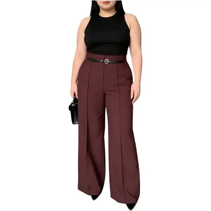 Pantalon taille haute pour femme grande taille, avec ceinture, uni, à plis, coupe large, élégant, ex