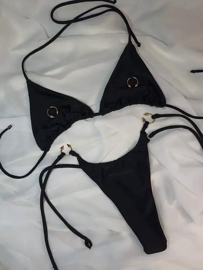 Sexy noir Bikini 2026 femmes métal cercle ornement Push Up cravate côté string maillot de bain brési