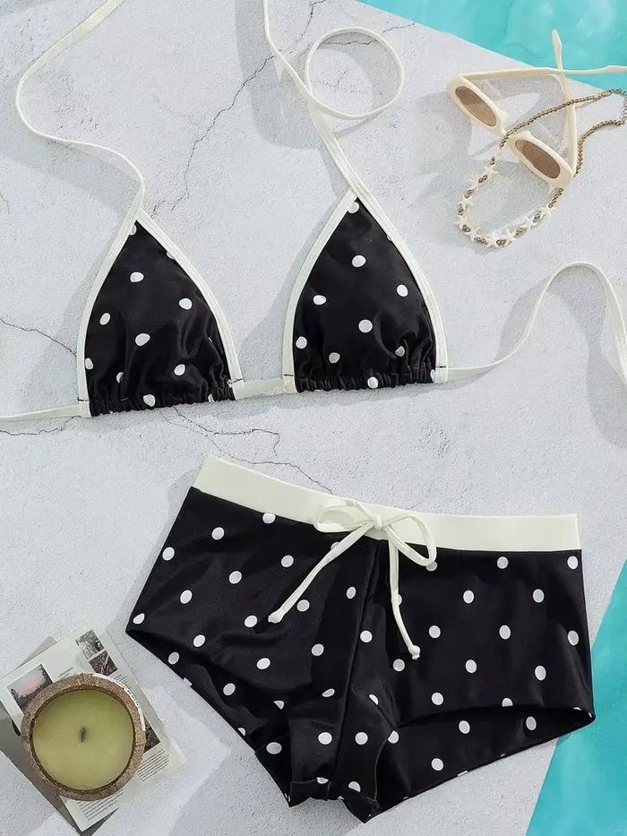 Ensemble bikini brésilien à pois pour femme, haut triangle sexy, dos exposé, bas string à fentes lat
