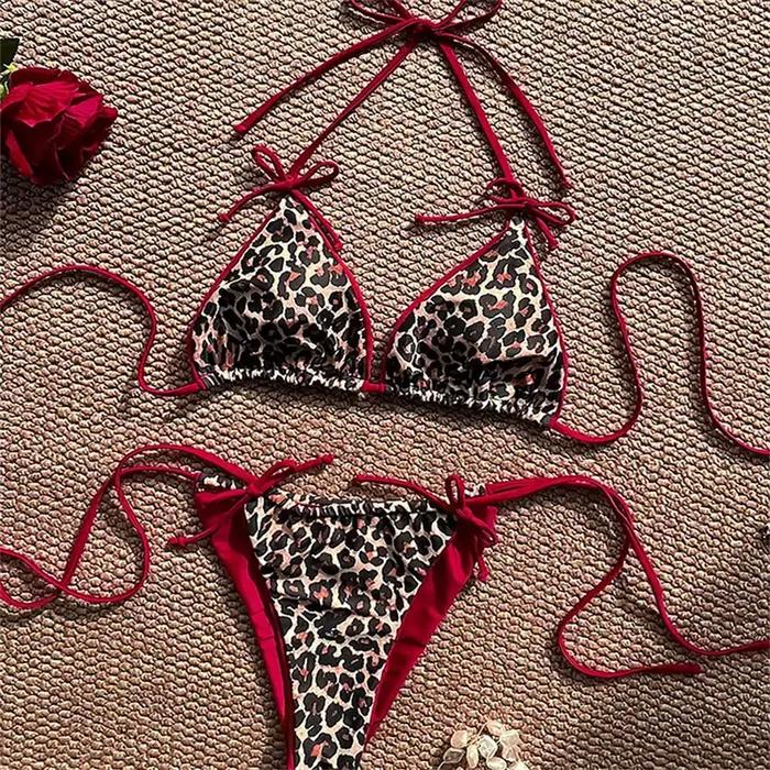 Maillot de bain léopard rouge, ensemble deux pièces, Triangle, String, dos nu, Push Up, col licou, e