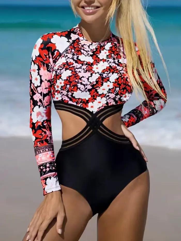 Maillot de bain de surf 2026 à manches longues imprimé floral pour femme, combinaison de plongée une