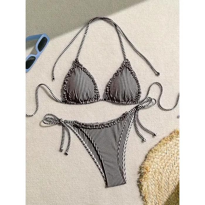 Maillot de bain sexy pour femme, ensemble bikini rayé patchwork à volants, collection été 2026, idéa