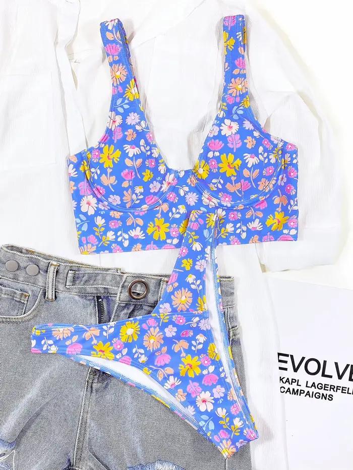Bikini 2026 Maillot de bain sexy pour femme, ensemble push-up à petits motifs floraux bleus, tenue d