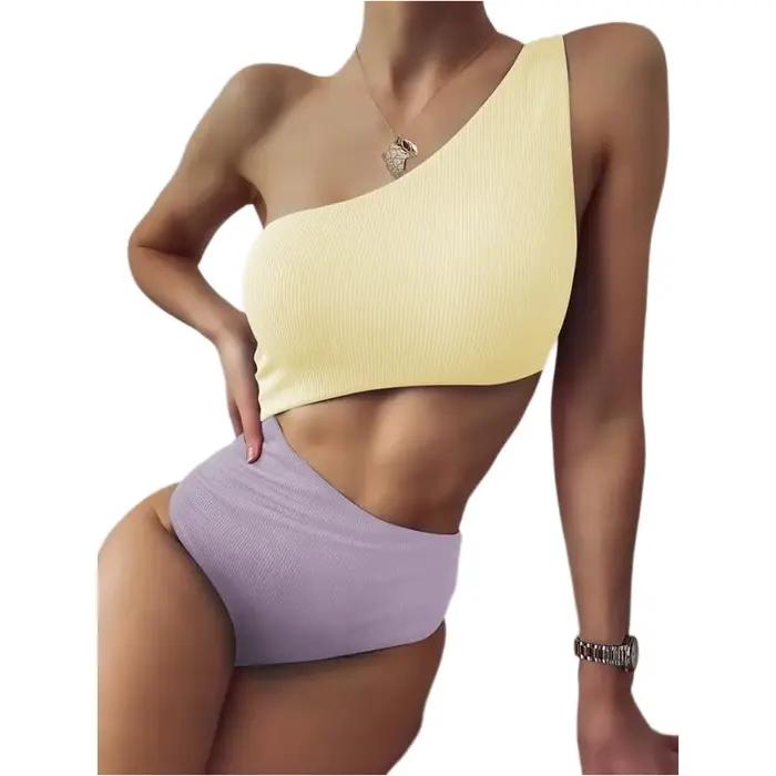 Maillot de bain une pièce sexy asymétrique à une épaule, en tissu côtelé, avec découpes, amincissant