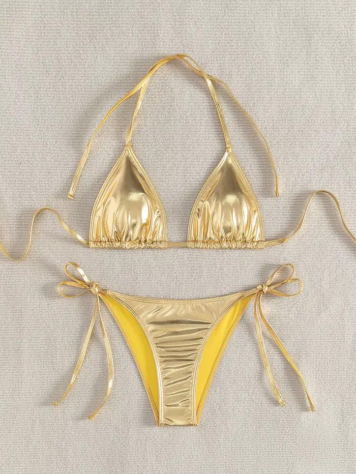 Sexy Triangle Push Up Bikini métallique maillot de bain brésilien femmes doré argent côté String Bik