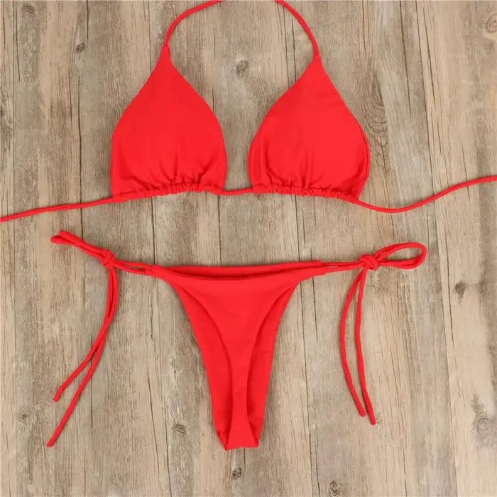 Maillot de bain rose Bikini femmes couleur unie Sexy jambe haute string maillots de bain Bikinis 202